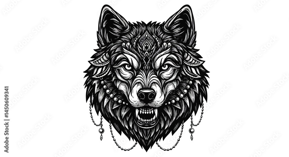 Obraz premium Stylized Wolf Head with Ornate Detail and Hanging Chain
