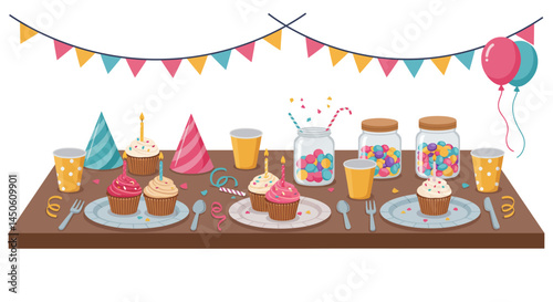 Festive Birthday Cupcakes with Party Hats and Streamers on Table