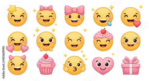Cheerful Emojis with Star, Bow, Hearts, and Cupcake