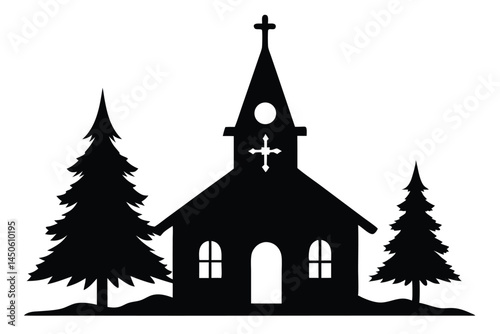 Silhouette of a church and evergreen trees creating a serene winter landscape