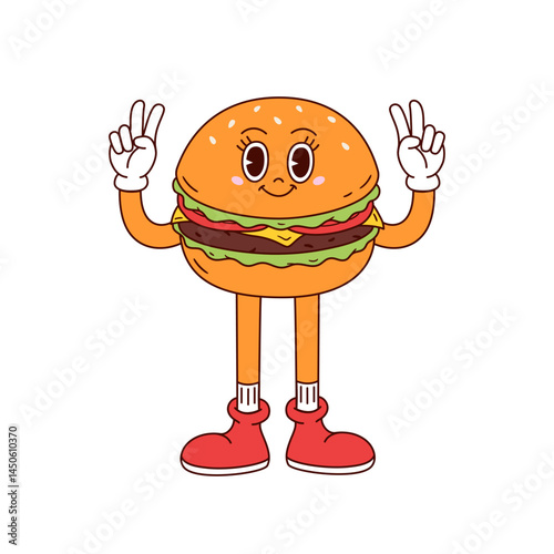 Happy burger character stands with arms raised making peace signs. Hand drawn vector illustration in retro style.