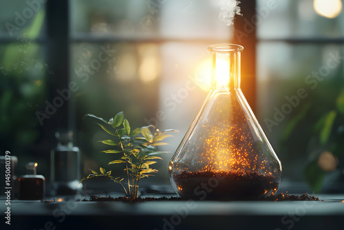 A glowing laboratory flask beside a plant represents scientific discovery and growth. It suggests potential for life. Use it for science articles or presentations