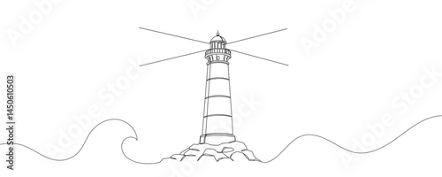 Continuous one line drawing of lighthouse tower on ocean shore. Lighthouse tower one line drawing illustration. Searchlight concept, continuous line art. vector illustration.