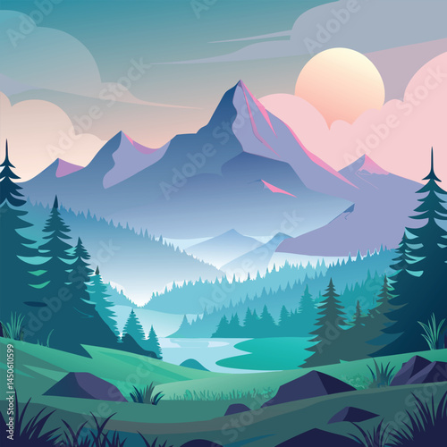 Colorful Cartoon Village Scene with Palm Trees, Thatched Roof Huts, Winding Path, and Lush Greenery – A Vibrant and Picturesque Rural Adobe Stock Vector Illustration