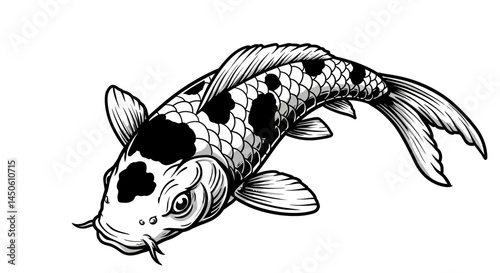 Monochrome Koi Fish Head with Detailed Scales and Flowing Barbels