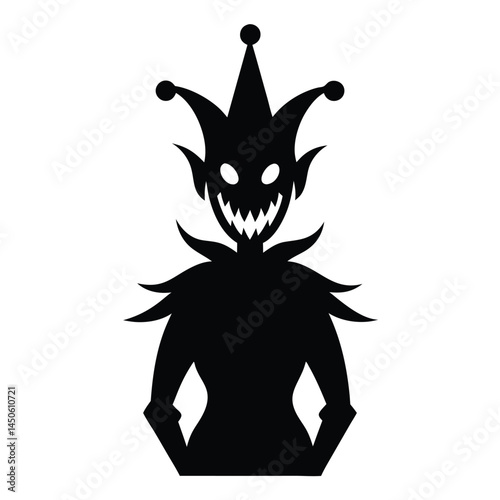 Silhouette of a menacing jester with sharp teeth representing dark fantasy and horror themes