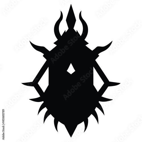 Abstract black symbol resembling a tribal deity or mythological guardian isolated on white