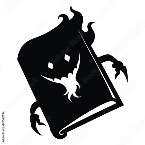 Spooky animated book character design in black and white for halloween themes