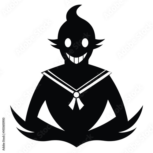 Silhouette of a creepy character with a sailor collar and a spooky smiling face
