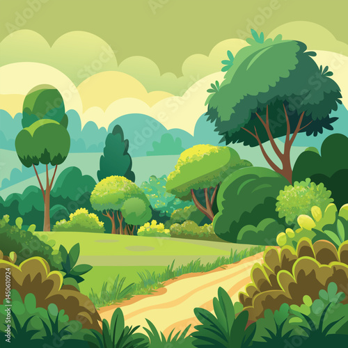 Vibrant Tropical Village Scene with Thatched Roof Huts, Palm Trees, Winding Path, and a Bright Blue Sky – High-Quality Vector Illustration for Digital Art and Print Design