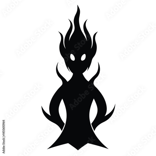 Silhouette of a mysterious creature with flame-like hair on a clean white background