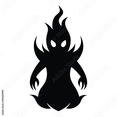 Black silhouette cartoon monster with flames for hair and an eerie expression on its face