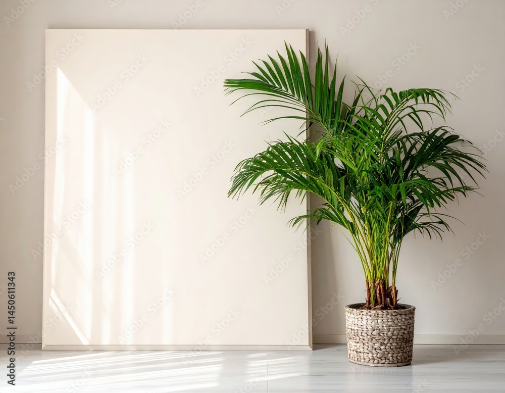 Fototapeta premium A vibrant green potted plant with lush leaves stands gracefully in front of a plain, empty wall, creating a serene and minimalist atmosphere.