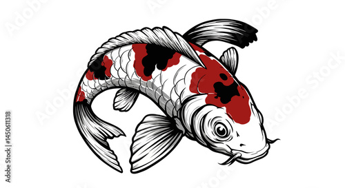 Detailed Koi Fish Illustration with Red and Black Markings