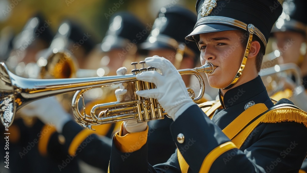 Obraz premium Marching band musician playing trumpet in uniform.