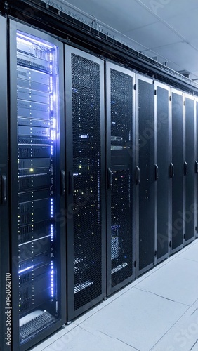 A sleek row of high-performance servers in a modern data center, illuminated by soft blue LED lights, showcasing advanced technology and efficient cooling systems.