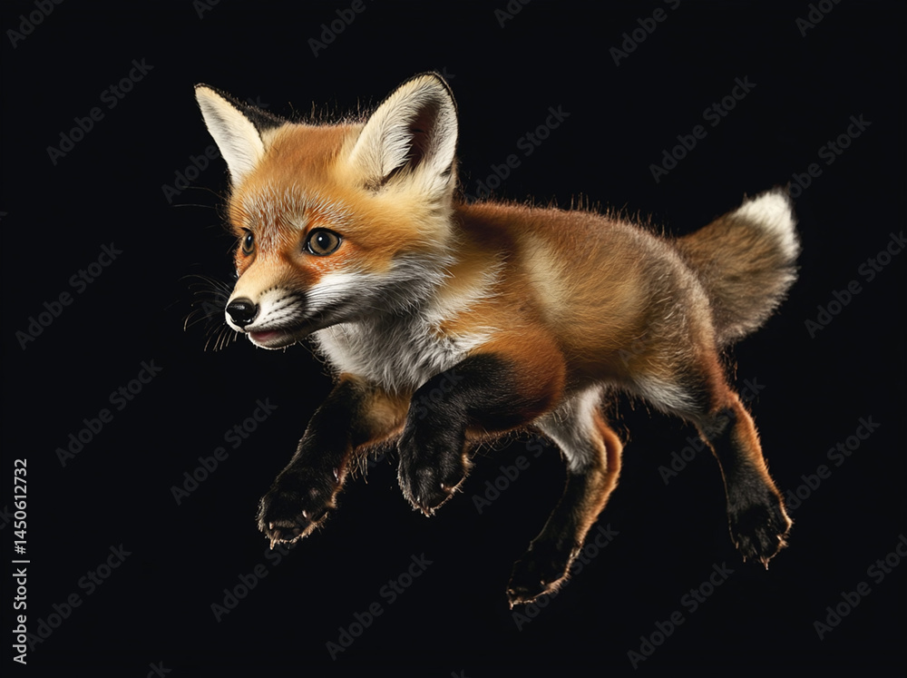 Fototapeta premium Red Fox Kit in Mid-Air Leap Against Black Background