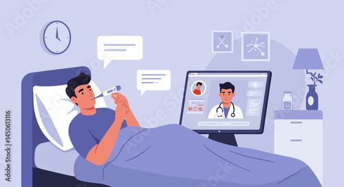 Man in bed with thermometer, feeling unwell, with speech bubbles