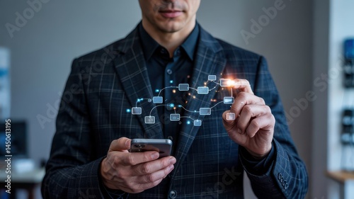 Close-up view of a person interacting with a holographic network.