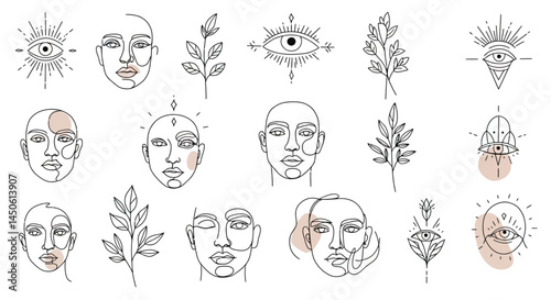 Minimalist Line Art Faces, Botanical Branch, and All-Seeing Eye