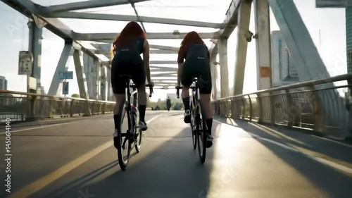 Women cyclists enjoying a morning ride on a bridge