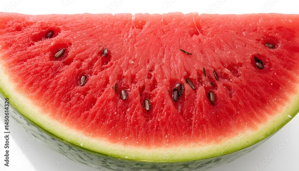 Photorealistic close-up of a slice of watermelon with juicy red flesh and visible seeds, isolated, clean white background Photorealistic close-up of a slice of watermelon with juicy red flesh and visible seeds, isolated, clean white background