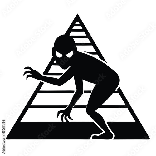 Creepy silhouetted creature descending a pyramid concept illustration in black and white