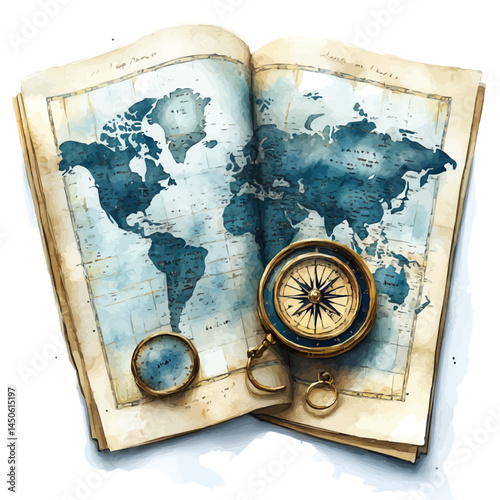 Folded World Map With Compass, vector watercolor illustration, isolated on a white background.