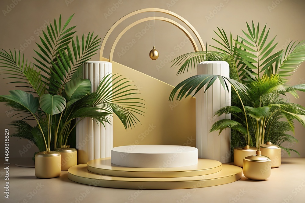 Summer Podium Display with Tropical Palm Leaves and Gold Accents Summer Podium Display with Tropical Palm Leaves and Gold Accents
