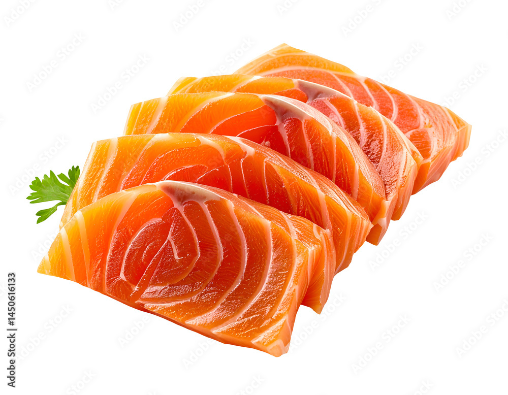 fresh thin sliced salmon sashimi arranged in a row on isolated background with parsley garnish
fresh thin sliced salmon sashimi arranged in a row on isolated background with parsley garnish
