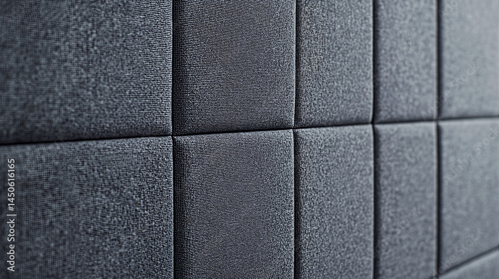 Fototapeta premium close-up of a soundproofing wall with a combination of fabric-wrapped panels and acoustic baffles. The neutral gray tones create a calm, professional atmosphere. fabric-wrapped panels, acoustic 