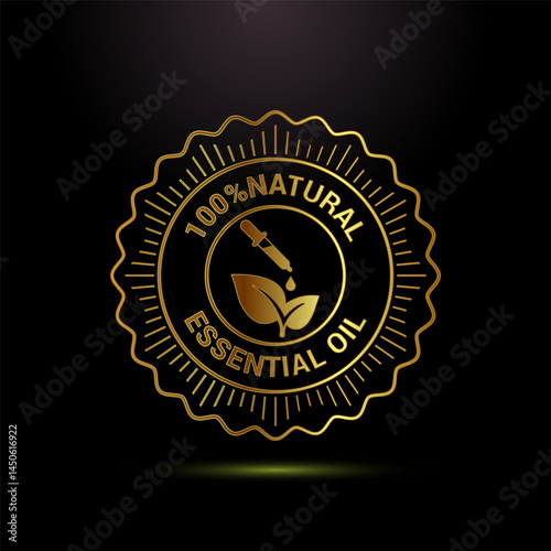 Essential oil icon design, 100 percent essential oil icon label sign in gold color style