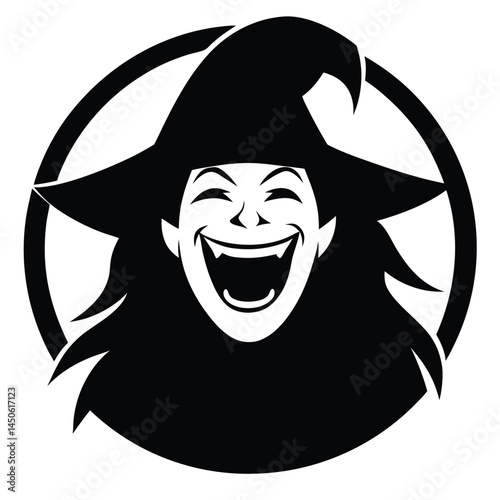 Smiling witch face illustration in a black and white retro vintage style circle