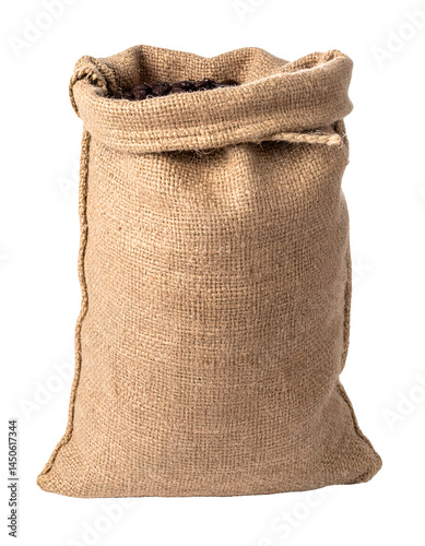 tall burlap sack filled with roasted coffee beans on isolated background, rustic jute packaging for cafe branding and product display
