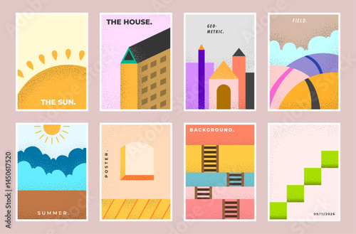 Geometric summer poster design set. House, beach, hill, and sun background template collection. Modern playful leaflet.