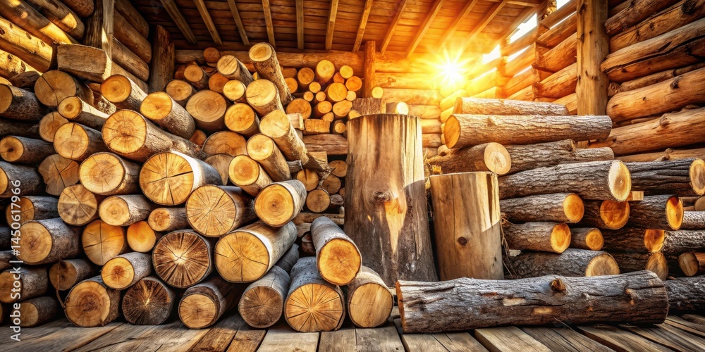 A rustic log cabin interior, showcasing neatly stacked logs bathed in warm sunlight, creating a sense of warmth and tranquility. A rustic log cabin interior, showcasing neatly stacked logs bathed in warm sunlight, creating a sense of warmth and tranquility.