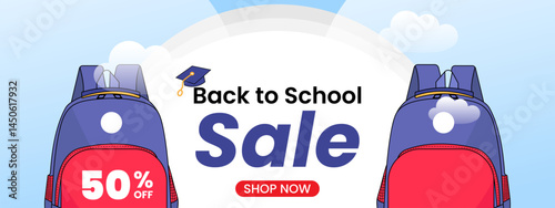 Cloud banner sale back to school with Backpack, toga hat, and scissor. hand drawn vector