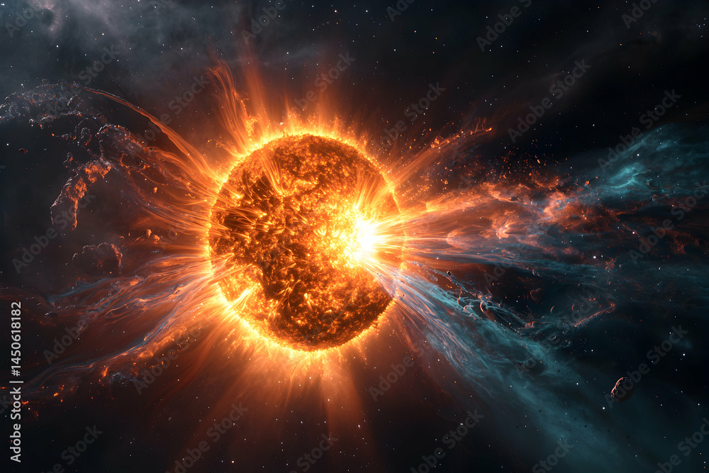 Fototapeta premium A dynamic illustration of a star emitting flares within a cosmic nebula. Use it for space-themed digital art wallpapers or educational projects. Enhance science content.