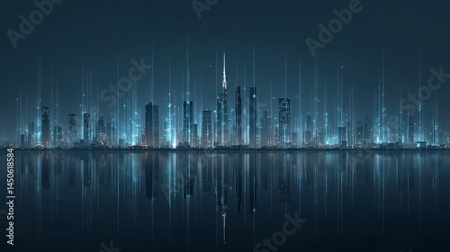 Cybernetic skyline glowing in blue tones above a reflective waterfront under a dark starless night