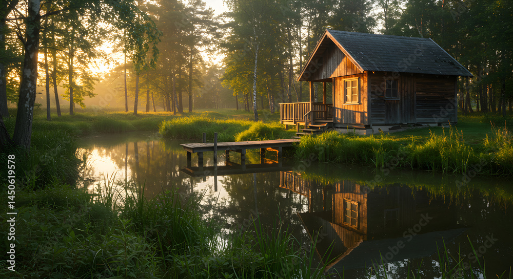 Obraz premium Picturesque Cabin Retreat Along Tranquil Lake Shores at Sunrise
