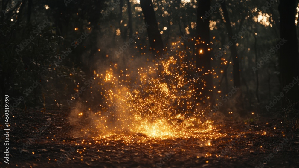 Golden sparks fly in a dark and wild forest Golden sparks fly in a dark and wild forest
