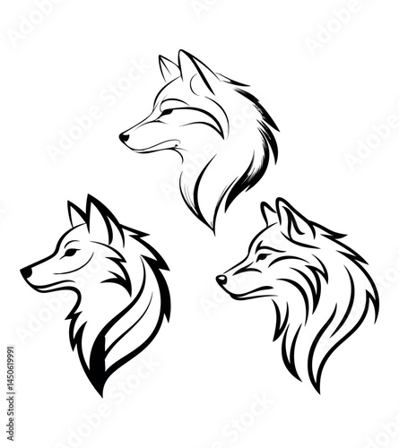 Stylized Wolf Heads Minimalist Line Art Black and White Illustration in Profile Tribal Tattoo Geometric Shapes Elegant Curves Fierce Expressions Sleek Design Wild Canine Vector Art
