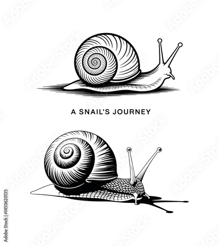 Minimalist Black and White Illustration of Snail’s Journey with Spiral Shell Details, Hand-Drawn Style, Two Perspectives, Educational Diagram, and Zoological Representation