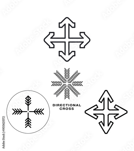 Minimalist Directional Arrows, Geometric Shapes, Compass Rose Variations, Navigational Icons, Symmetrical Patterns, Clean Line Art and Monochrome Designs for Corporate Logos and Modern Pictograms