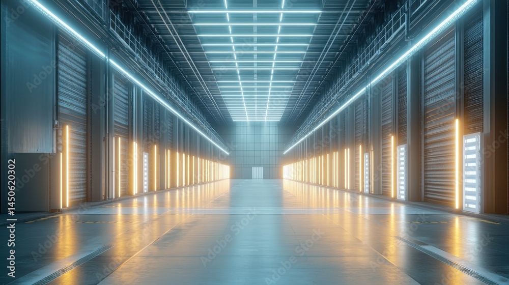 Fototapeta premium Sustainable concept of energy storage system inside a high-tech industrial facility, powered by solar and wind to reduce environmental impact.