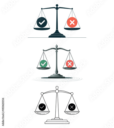 Balance Scales for Decision Making, Weighing Options, Pros and Cons with Green Checkmark, Red X, Symmetry in Black and White, Minimalist Icon Set, Flat Graphic Style for Business Concepts