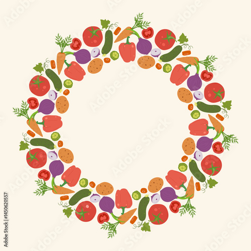 Colorful round vegetable frame with tomato, carrot, bell pepper, cucumber, and onion. Flat vector illustration on light background for healthy food and organic themes