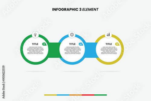 Infographic template features a modern, minimal design with three colorful elements in a horizontal layout. Each section includes an icon, title, and placeholder text