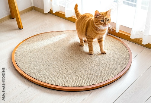 A white and orange cat standing on a rug in a room. photo