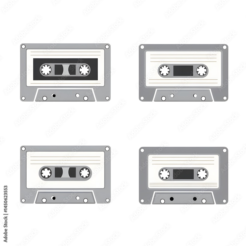 Fototapeta premium Set of Cassette Tape Icon Musical Audio Retro Vintage Media Player Sound Record Music Entertainment Industry Flat Vector Illustration
